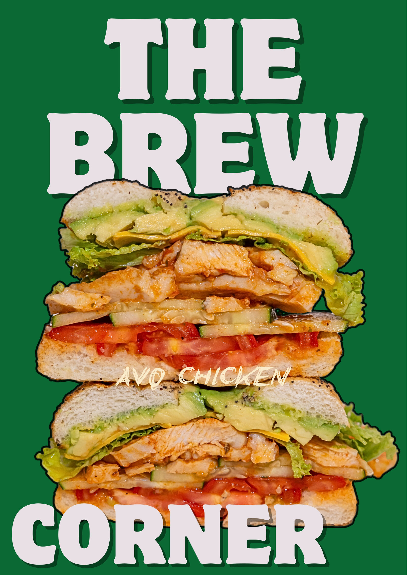 A stacked avocado chicken bagel sandwich from The Brew Corner